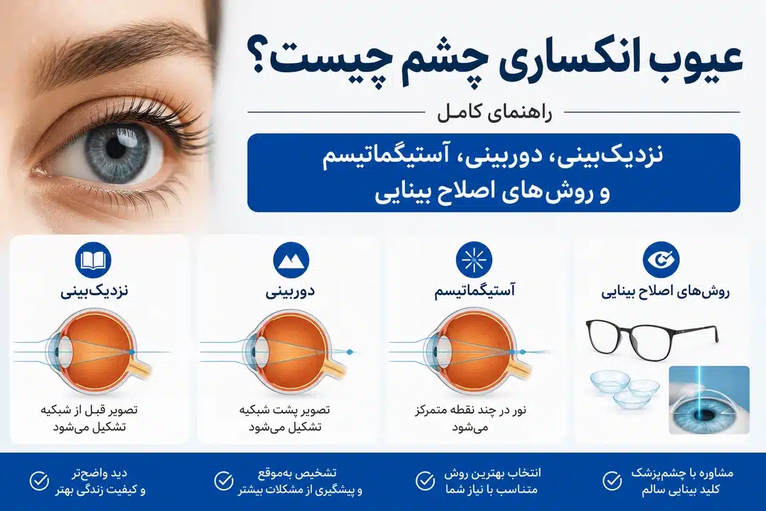 عیوب انکساری چشم چیست؟ راهنمای کامل نزدیک‌بینی، دوربینی، آستیگماتیسم و روش‌های اصلاح بینایی